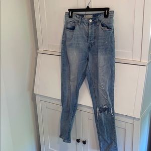 high-waisted light wash jeans